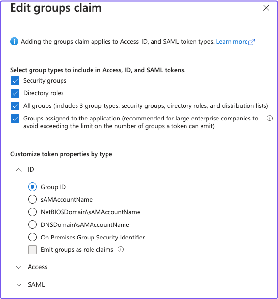 Edit the tokens groups claim in the Edit groups claim panel