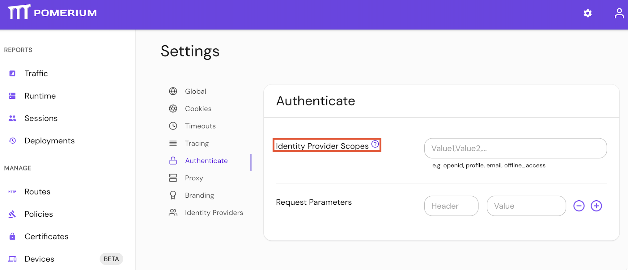 Configure request parameters under authenticate settings in the console